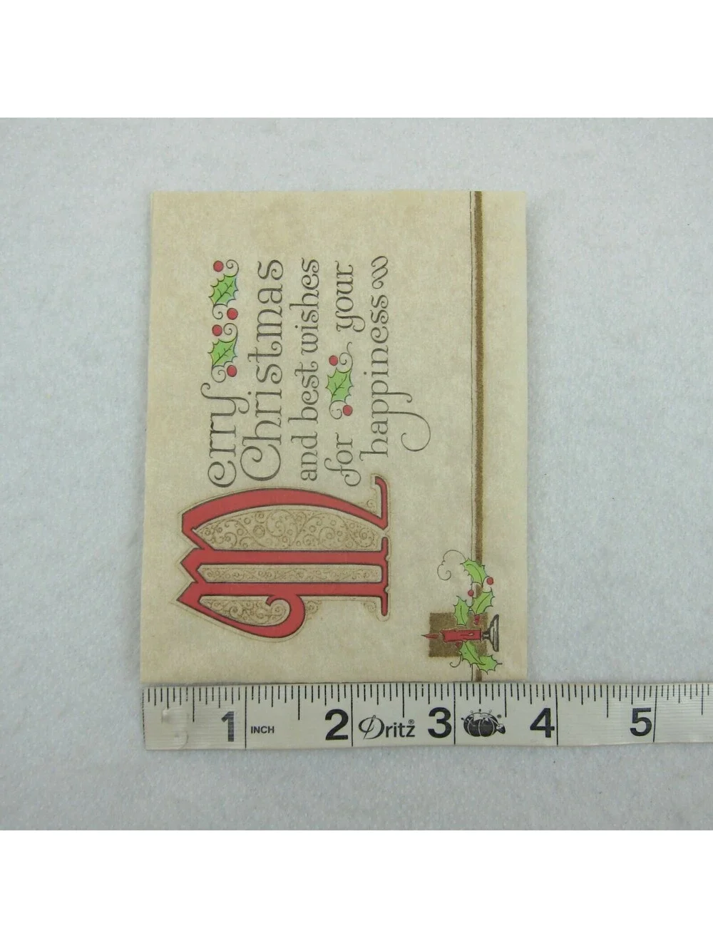 Vintage Merry Christmas Rice Paper Card Greeting UNSIGNED Candle Holly Berries